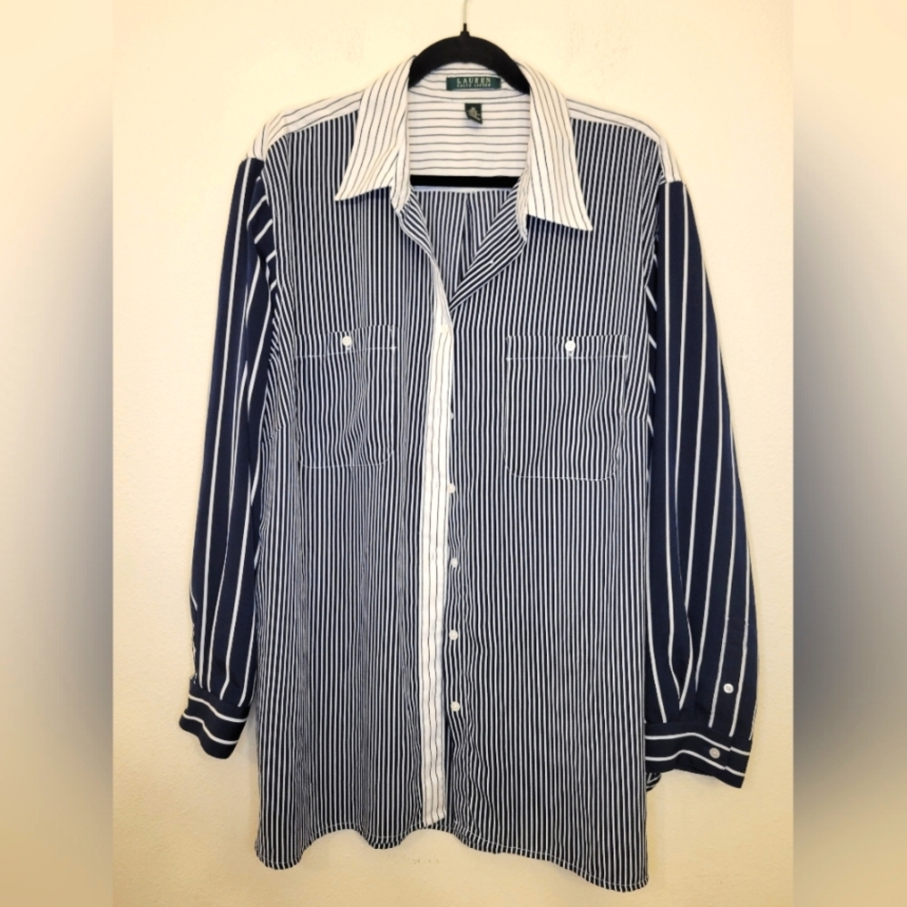 Lauren Ralph Lauren Women's Long Sleeve Navy/White Vertical Stripe Shirt Size 3X